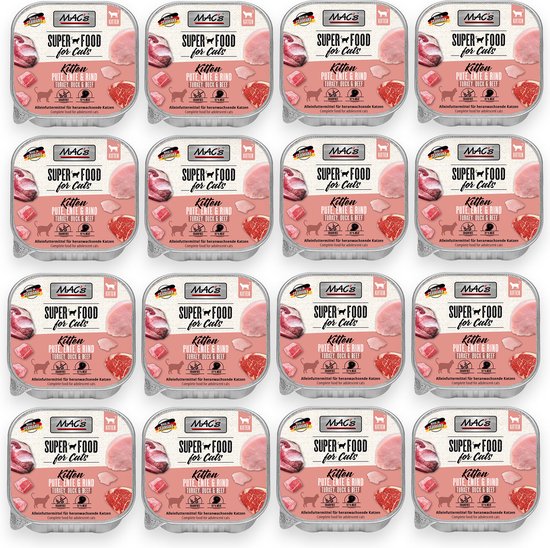 Veel blikjes kattenvoer met 'Super Food for Cats Kitten PURE TURKEY, DUCK & BEEF'.