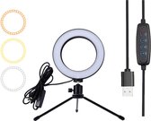 Ringlamp met statief voor op Tafel of Bureau - 16cm - Zwart - 6,5W -3 kleuren licht - DImbaar - USB stekker met 2 meter kabel