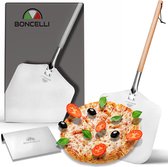 Pizzaschuiver set van geborsteld roestvrij staal I 83 cm lange pizzaschep met beukenhouten handvat I Optimal: 33 x 30 cm groot opnameoppervlak I deegschraper in set