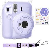 Case voor Fujifilm Instax Mini 12 – Hoesje met Draagriem – 1 Stuk Camera Stickers – Transparant Case – Paars Neck strap
