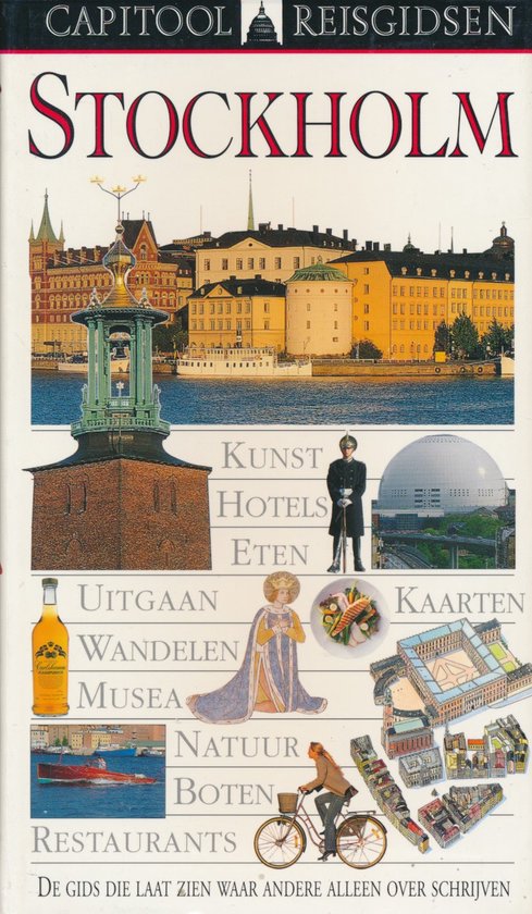 Reisgids Stockholm: Stadsgezicht, museum, boot, fietsend persoon en tekst.