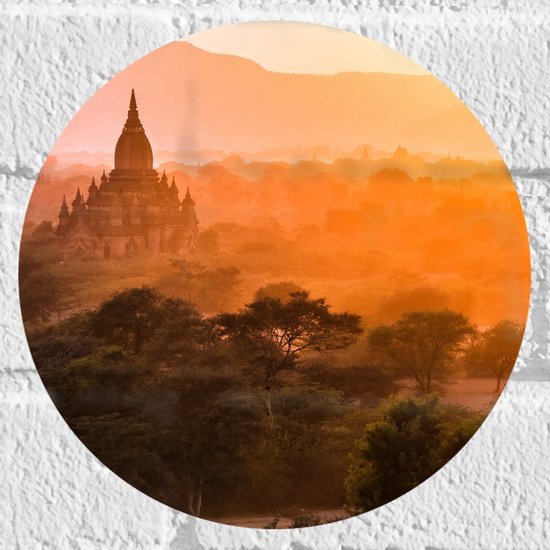 Muursticker Cirkel - Fel Zonlicht over de Tempels van Myanmar - 20x20 cm Foto op Muursticker