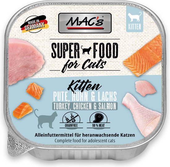 Een MAC's Kitten SUPER FOOD for Cats kuipje met kalkoen, kip & zalm. Graanvrij met 98% vlees.
