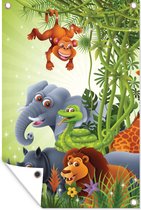 Muurdecoratie Jungle dieren - Planten - Kinderen - Olifant - Giraf - Leeuw - 120x180 cm - Tuinposter - Tuindoek - Buitenposter