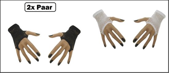 2x Paar nethandschoenen vingerloos zwart en wit - Themaparty - Black and white Festival thema feest disco neon verjaardag verkleed feest
