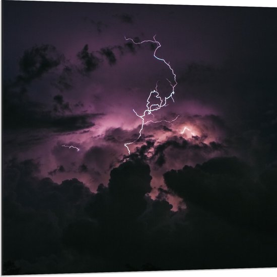 Dibond - Paarse Bliksemschicht bij Donkere Wolken - 80x80 cm Foto op Aluminium (Met Ophangsysteem)