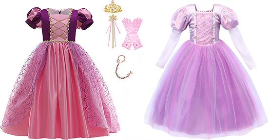 Het Betere Merk - 2 x Luxe prinsessenjurk meisje - maat 146/152 (150) - Verkleedkleren meisje - Haarband met haarvlecht - Toverstaf - Kroon - Tiara - Roze - Verjaardag meisje - Carnavalskleding - Verjaardag meisje - Kleed