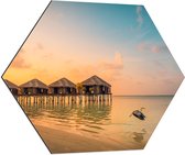 Dibond Hexagon - Luxe Vakantieverblijven boven de Zee aan de Maledieven - 70x60.9 cm Foto op Hexagon (Met Ophangsysteem)