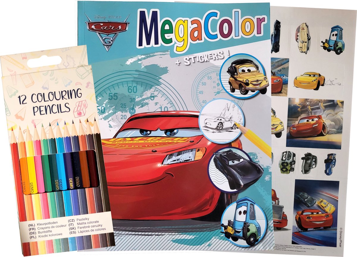 Disney Pixar Cars - Kleurboek - Turqoise - 130 kleurplaten - met 12 kleurpotloden - 25 stickers - Megacolor - knutselen - cadeau - kado - verjaardag - Mqueen