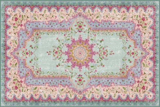 Buiten-binnen kleed, vintage patroon roze, groen en blauw 180 x 120 - Rozenkelim