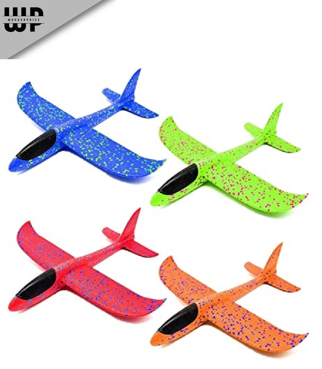 Wonderprice - 4 stuks 35 cm Groot - Weg Werp Vliegtuig | Foam Vliegtuig | Schuim Vliegtuigje blauw groen Rood oranje- 4 kleuren