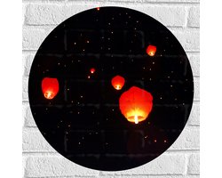 Muursticker Cirkel - Brandende Lampionnen Vliegend naar Sterrenhemel - 50x50 cm Foto op Muursticker