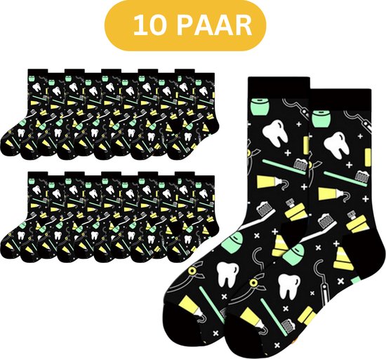Tandarts/Tandverzorging sokken met tandenborstel, kiezen, tang, haakje, tandpasta - Dames/Mannen sokken maat 40/45 - 10 paar sokken