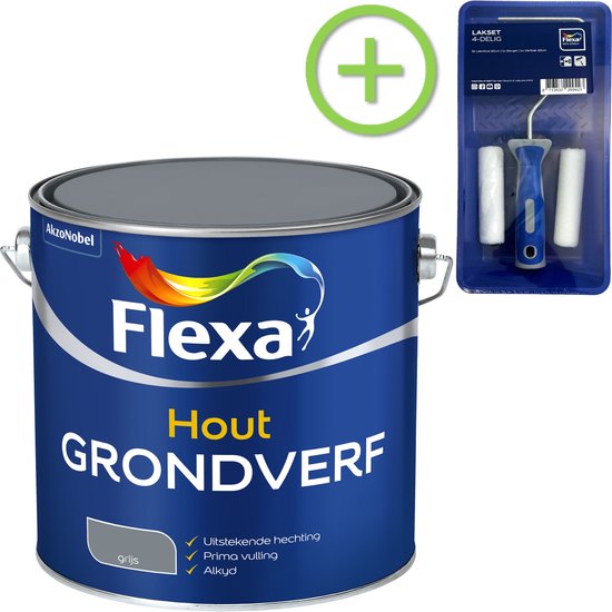 Flexa Grondverf - Hout - Grijs - 2,5 liter + Flexa Lakroller - 4 delig