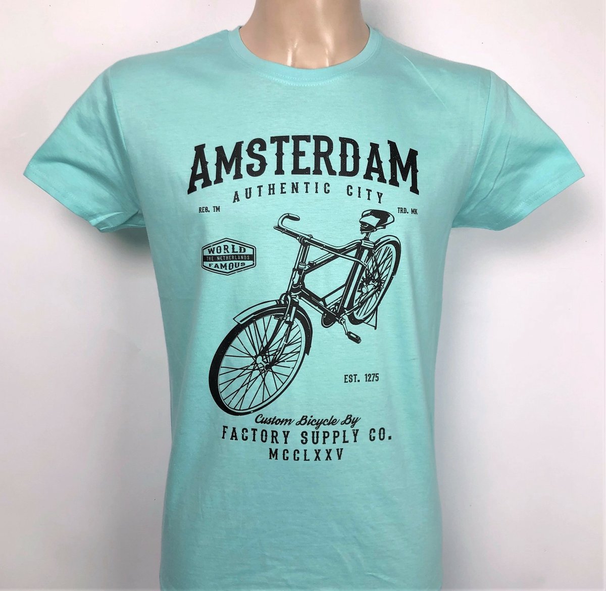 T-shirt mint groen Amsterdam fiets heren | Maat M