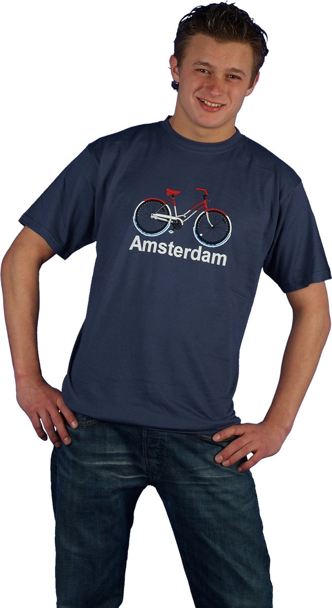 T-shirt blauw fiets Amsterdam heren | maat M