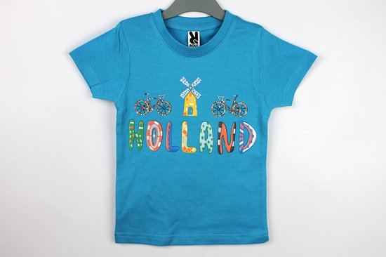 Kinder t-shirt blauw Holland molen en fiets | Maat 98