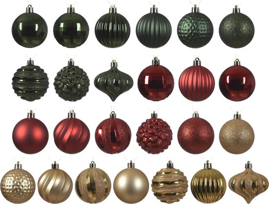 Decoris Boules de Noël Mix - Décorations pour sapins de Noël - Or Vert Rouge 30 pièces 4 Assortiment
