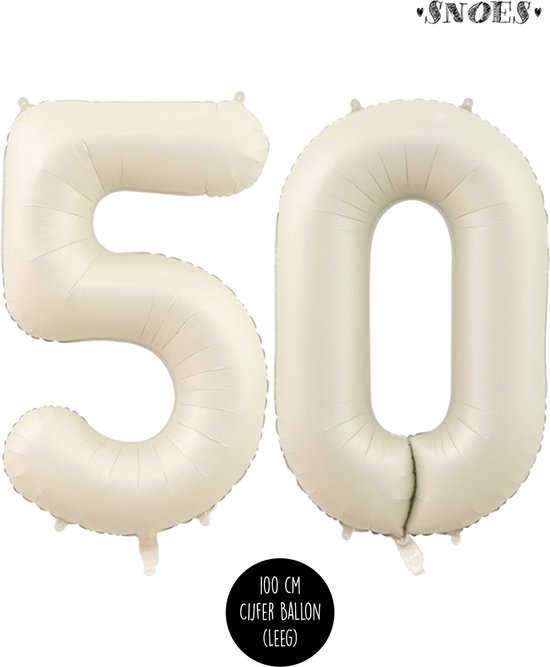 Cijfer Helium Folie ballon XL - 50 jaar cijfer - Creme - Satijn - Nude - 100 cm - leeftijd 50 jaar feestartikelen verjaardag