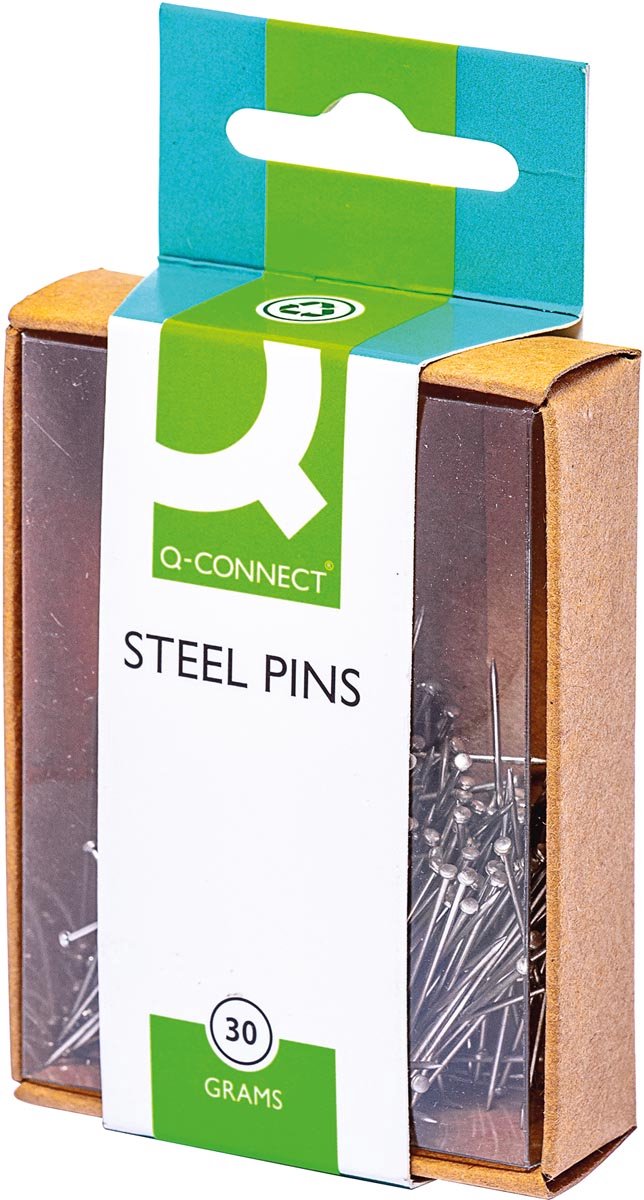 Q-CONNECT kopspelden, 0,85 x 30 mm, vernikkeld, doos van 30 gram 10 stuks