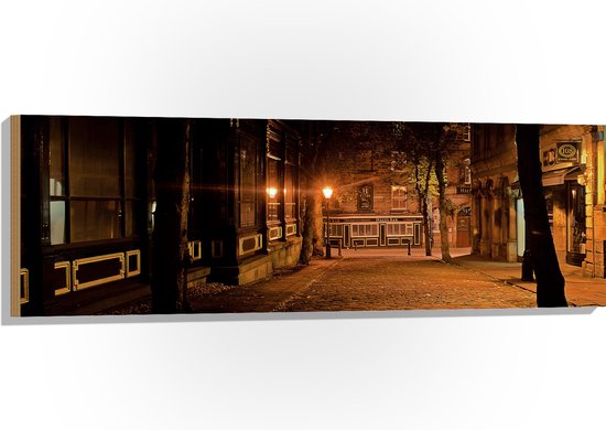 Hout - Straat in de Nacht - 120x40 cm - 9 mm dik - Foto op Hout (Met Ophangsysteem)