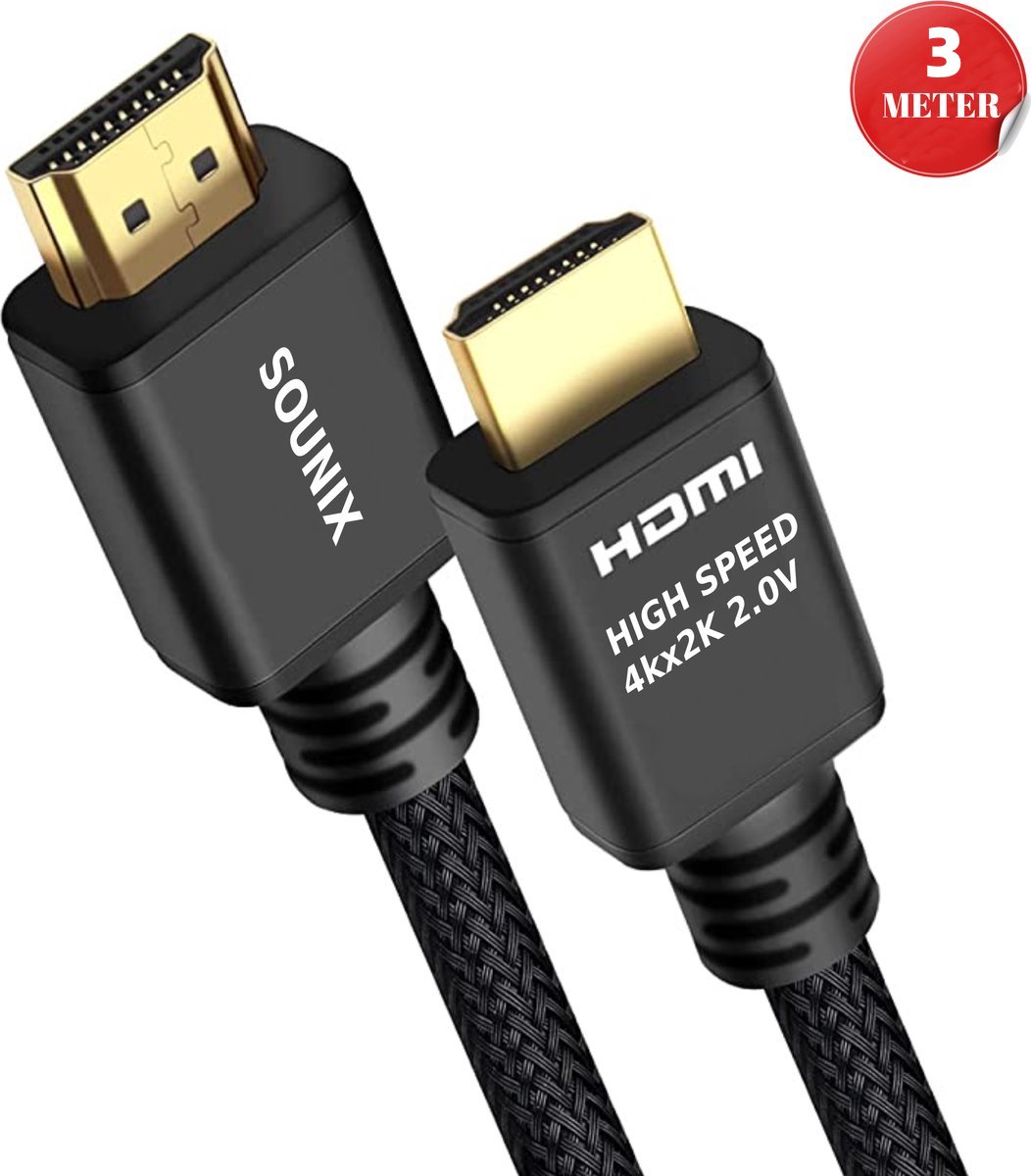 Sounix HDMI Kabel 2.0 PRO - 3 Meter Gold Plated - High Speed Cable - 18GBPS  - Full HD... | bol.com