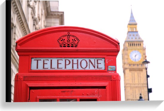 Canvas - Rode Telefooncel met de Big Ben op de achtergrond - 60x40 cm Foto op Canvas Schilderij (Wanddecoratie op Canvas)