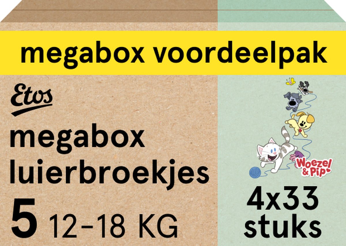 Goedkoopste Etos Luierbroekjes - Woezel & Pip - Maat 5 - 12 tot 18 kg - Megabox Voordeelpak - 132 stuks