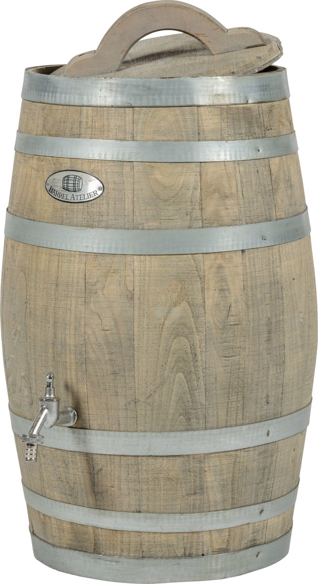 Regenton nieuw "Grey" 50 l. incl. kraan, los deksel, handvat en gat aan de achterzijde voor de vulautomaat / Houten Regenton / Grijs