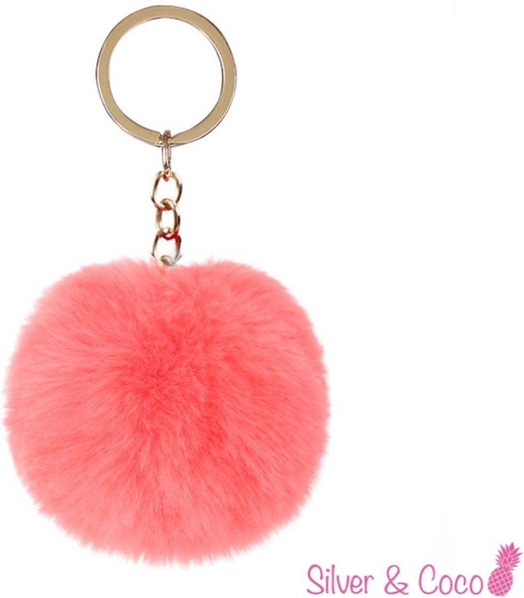 SilverAndCoco® - Faux Fur Bal / Meisjes Sleutelhanger Auto Huis / Key Chain Pom Pom / Sleutel Ring Nep Bol Imitatie Bont / Pluche Fluffy Bolletje / Sleutels Vrouwen - Peach