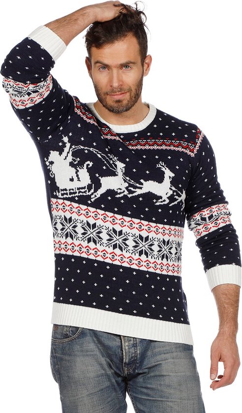 Mauvais pull de Noël bleu avec traîneau pour adultes