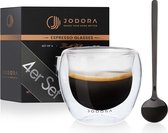 Jodora - Set van 4 dubbelwandige/thermische espressoglazen 90ml met zwarte RVS lepel - geschenkdoos