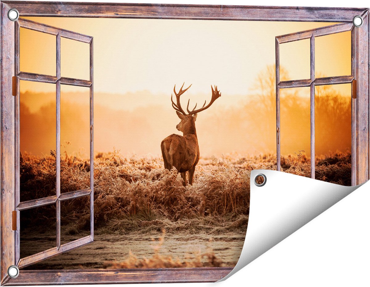 Gards Tuinposter Doorkijk Hert in de Wei tijdens de Zonsopkomst - 60x40 cm - Tuindoek - Tuindecoratie - Wanddecoratie buiten - Tuinschilderij