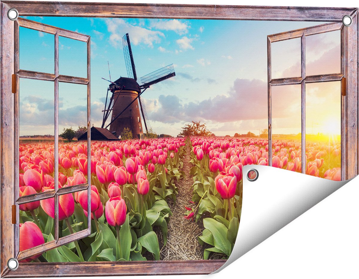 Gards Tuinposter Doorkijk Roze Tulpen Bloemenveld - met Windmolen - 60x40 cm - Tuindoek - Tuindecoratie - Wanddecoratie buiten - Tuinschilderij
