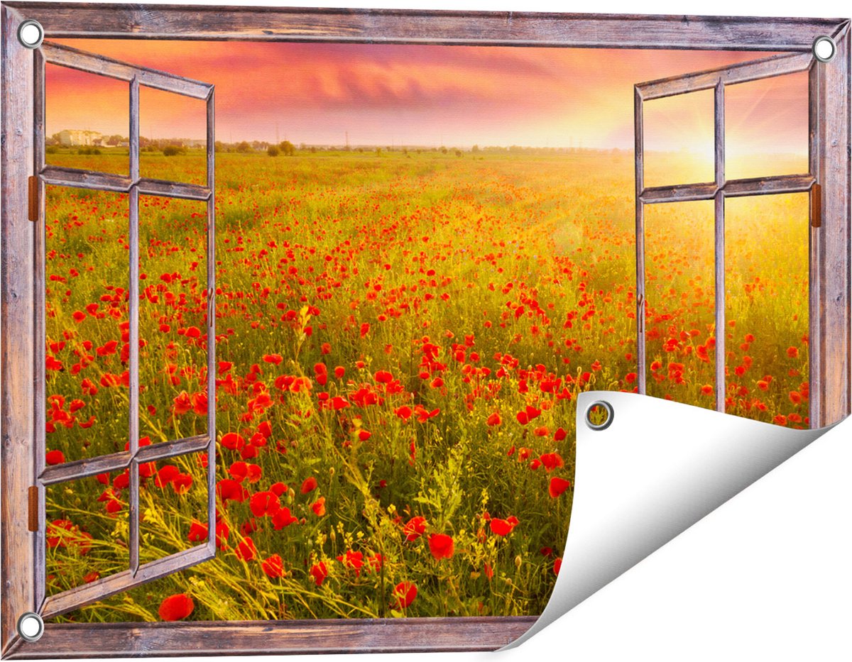 Gards Tuinposter Doorkijk Rode Klaproos Bloemenveld - Zonsondergang - 60x40 cm - Tuindoek - Tuindecoratie - Wanddecoratie buiten - Tuinschilderij