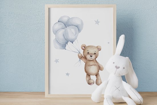 No Filter Ensemble Posters pour chambre de bébé - 3 pièces - 30x40 cm (A3) - Décoration chambre d'enfant - Ours en peluche avec ballon - Etoiles - Blauw