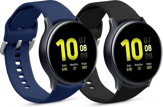 Deux montres connectées, une avec un bracelet noir et l'autre bleu foncé. Les deux écrans affichent des chiffres jaunes.