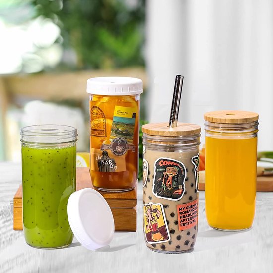 LWMTT Cocktailglazen, 500 ml Bubble Tea beker, drinkbeker met deksel en rietje, Bubble Tea Set met rietjes voor frisdrank, cocktail, smoothie, koffieglazen, drinkglas, 4 stuks