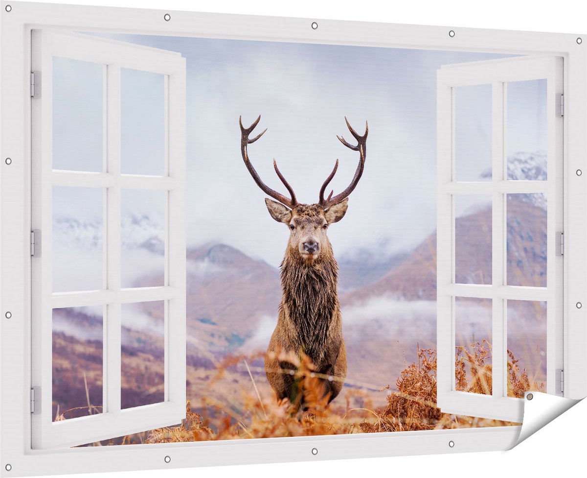 Gards Tuinposter Doorkijk Hert in de Bergen - 180x120 cm - Tuindoek - Tuindecoratie - Wanddecoratie buiten - Tuinschilderij Multikleur