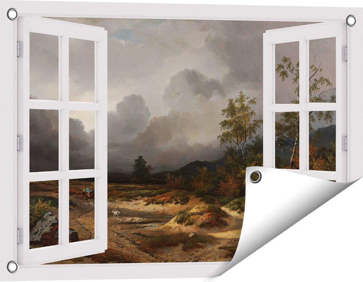 Gards Tuinposter Doorkijk Landschap bij Naderend Onweer - Willem Roelofs - 60x40 cm - Tuindoek - Tuindecoratie - Wanddecoratie buiten - Tuinschilderij Wit
