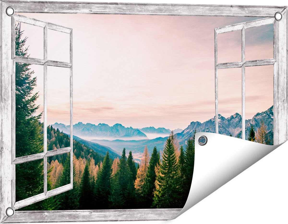 Gards Tuinposter Doorkijk Bos met Bomen bij Bergen Landschap - 60x40 cm - Tuindoek - Tuindecoratie - Wanddecoratie buiten - Tuinschilderij Grijs