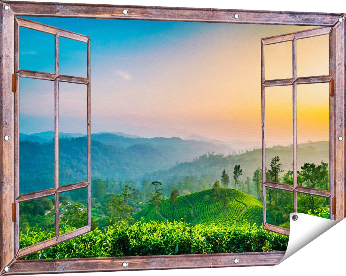 Gards Tuinposter Doorkijk Zonsondergang op een Thee Plantage - 120x80 cm - Tuindoek - Tuindecoratie - Wanddecoratie buiten - Tuinschilderij Bruin