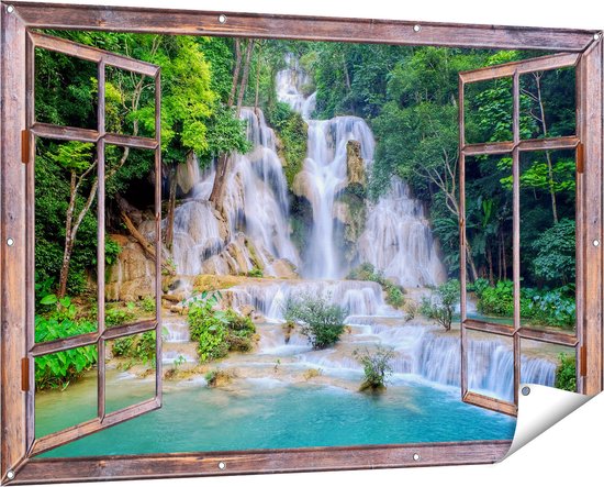 Gars Affiche de jardin Cascade transparente dans la nature tropicale - 150x100 cm - Toile jardin - Décoration de jardin - Décoration murale extérieur - Tableau jardin