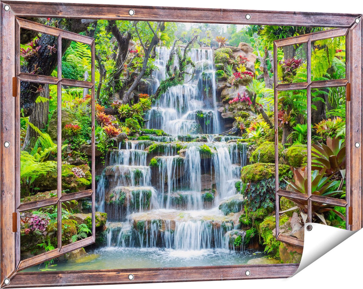 Gards Tuinposter Doorkijk Tropische Waterval in Thailand - 120x80 cm - Tuindoek - Tuindecoratie - Wanddecoratie buiten - Tuinschilderij bruin