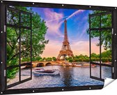 Gards Affiche de jardin Look-through Tour Eiffel à Paris sur l' Water - Couleur - 180x120 cm - Toile jardin - Décoration de jardin - Décoration murale extérieur - Tableau jardin