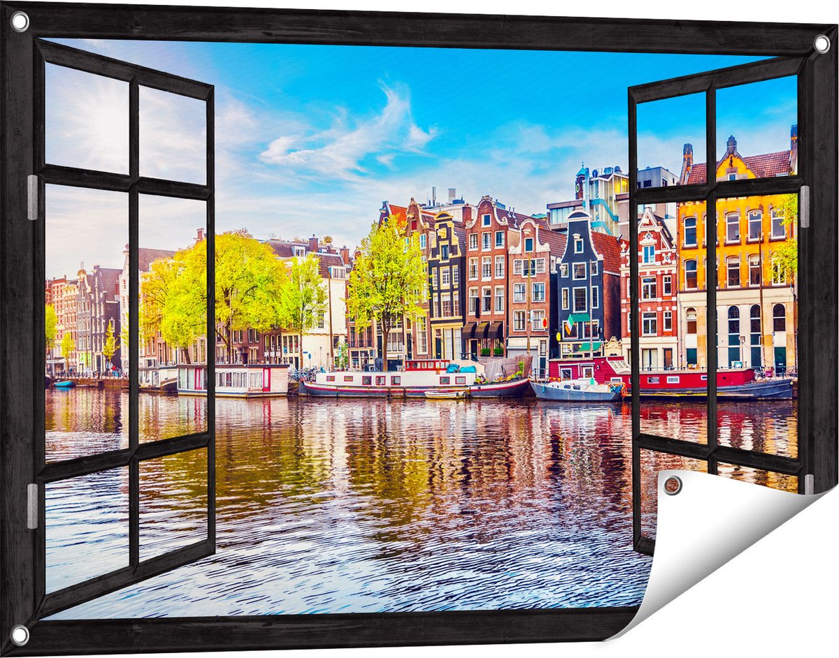 Gards Tuinposter Doorkijk Amsterdamse Huisjes aan het Water - 90x60 cm - Tuindoek - Tuindecoratie - Wanddecoratie buiten - Tuinschilderij Zwart