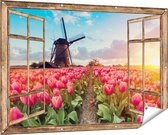 Gards Tuinposter Doorkijk Roze Tulpen Bloemenveld - met Windmolen - 150x100 cm - Tuindoek - Tuindecoratie - Wanddecoratie buiten - Tuinschilderij