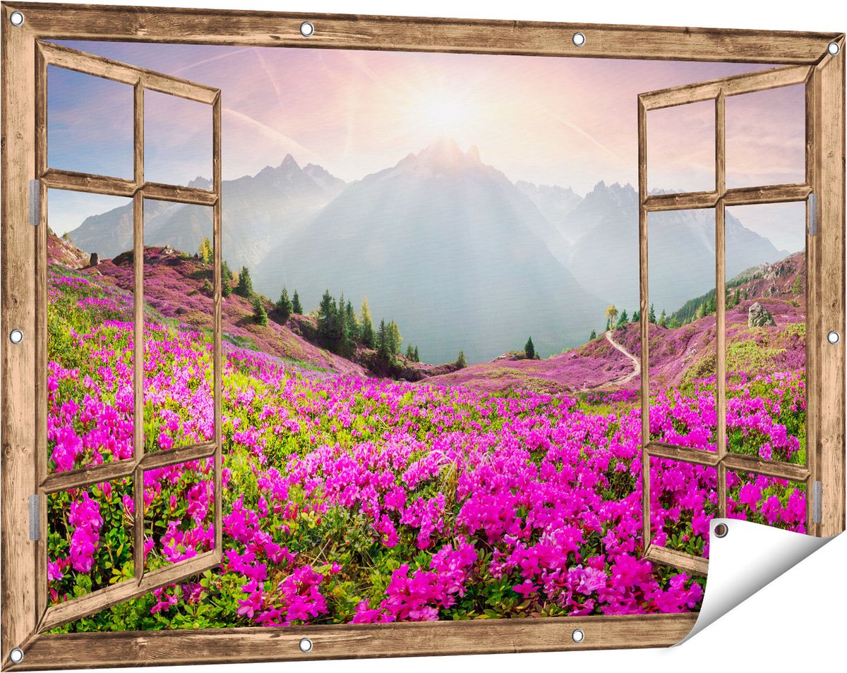Gards Tuinposter Doorkijk Rhododendron Bloemenveld in de Alpen - 120x80 cm - Tuindoek - Tuindecoratie - Wanddecoratie buiten - Tuinschilderij Licht bruin