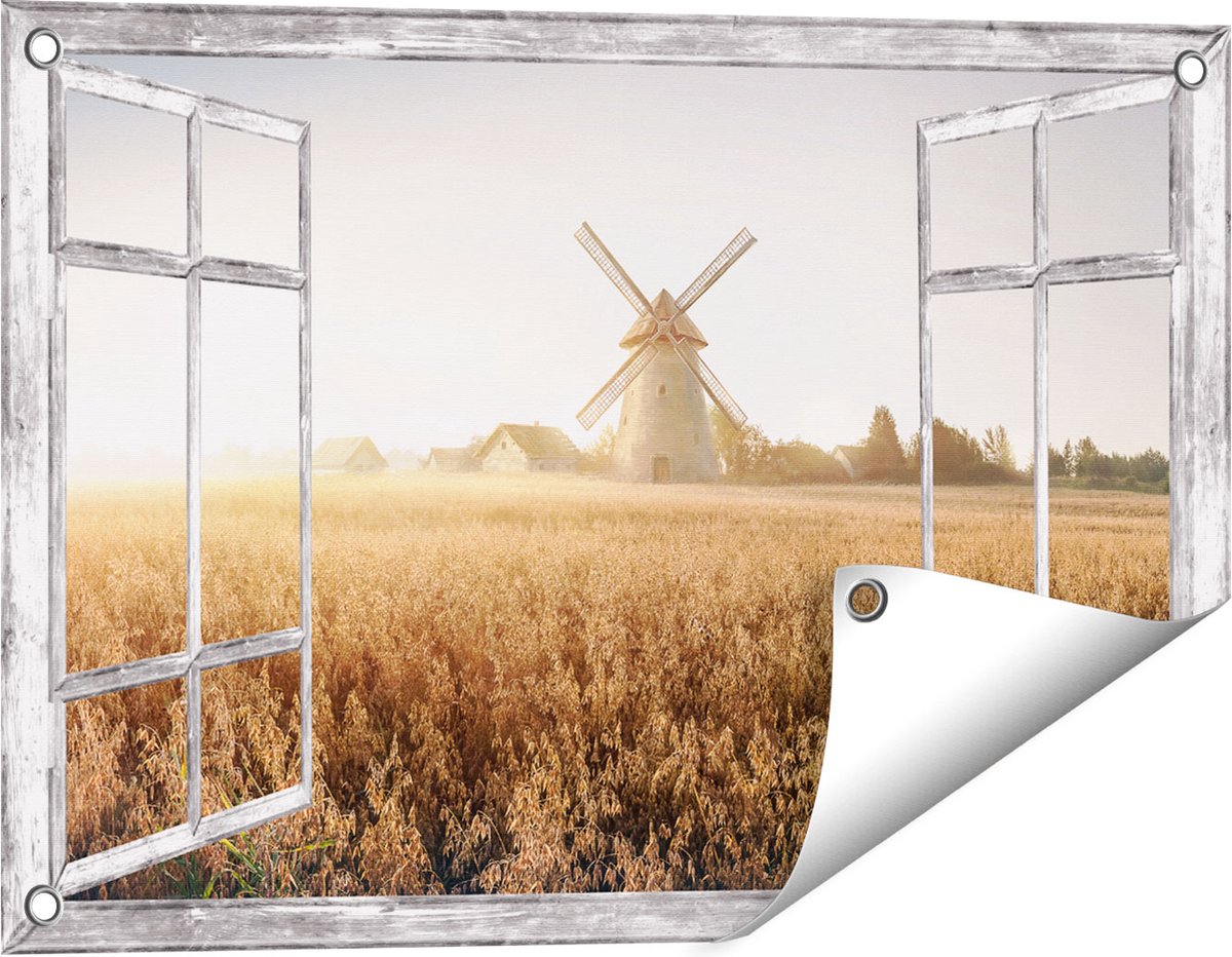 Gards Tuinposter Doorkijk Windmolen in het Veld - 60x40 cm - Tuindoek - Tuindecoratie - Wanddecoratie buiten - Tuinschilderij Grijs