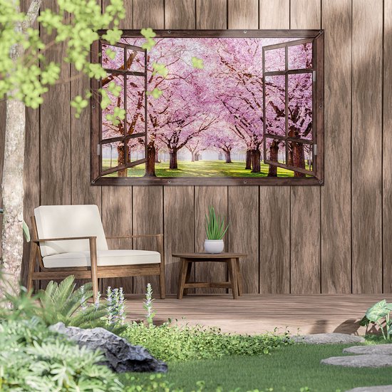Gards Affiche de jardin Transparente Parc d'arbres en fleurs roses - Fleurs - 150x100 cm - Toile jardin - Décoration de jardin - Décoration murale extérieur - Tableau jardin